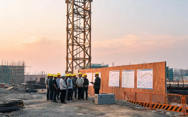 Jobsite safety toolbox talk under tower crane