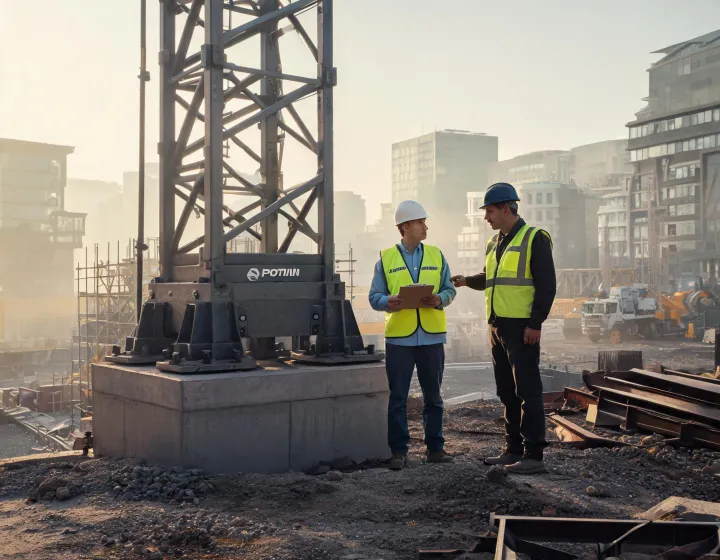Potain field engineer with owner-operator beside tower crane base