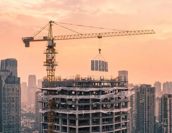 Potain tower crane erecting panels on high-rise urban construction site