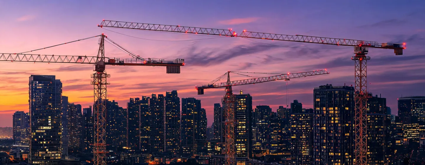 Multiple Potain tower cranes on dense city skyline