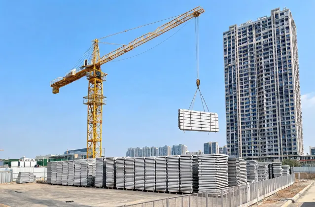 Precast yard tower crane handling panels